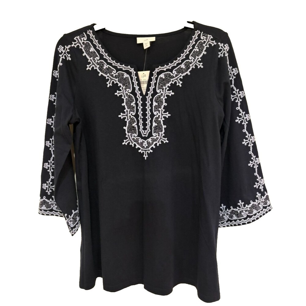 J Jill Women's Shirt SP Small Petite Long Sleeve Navy Blue Tunic Embroidered NWT